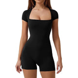 Women Square Neck Short Sleeve Bodysuit Romper Slim Bodycon Bike Short Jumpsuit Daily Casual Ladies Workout Shapewear