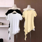 Women Solid Round Neck Short Sleeve T-shirt Irregular Ruffle Hem Ruched Side Slim Fit Asymmetric Casual Blouse Going Out Tops