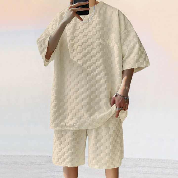 2025 Men's Summer New Jacquard Plaid Short-sleeved T-shirt Loose Large Size Straight Casual Shorts Set