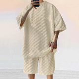 2025 Men's Summer New Jacquard Plaid Short-sleeved T-shirt Loose Large Size Straight Casual Shorts Set