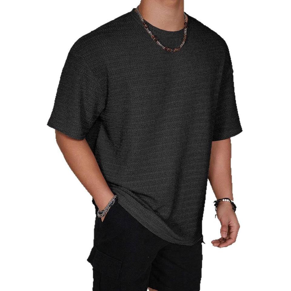 Men Waffle Hollow Knit T Shirt Solid Crew Neck Loose Fit Breathable Short Sleeve Streetwear Casual Top