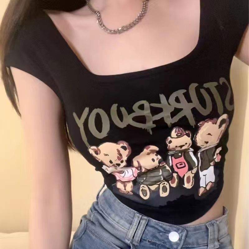 Cute Print Beauty Back Waist Chest Padded Bra Vest Ribbed Camisole K-pop Dance Wear Sexy Club Tank Crop Top