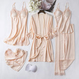 Women's Summer Satin Silk-Like 5-Piece Loungewear Set - Sexy Camisole Nightgown with Built-in Bra Pads & Robe
