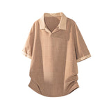 Men Contrast Cuff Lapel Textured Short Sleeve Polo Shirt Loose Vintage Neutral Tone Casual Summer Top