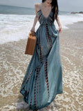 Bohemian Tie Dye Spaghetti Strap Maxi Dress Women V Neck High Waist Flowy Long Dress Holiday Beach Vacation Sundress