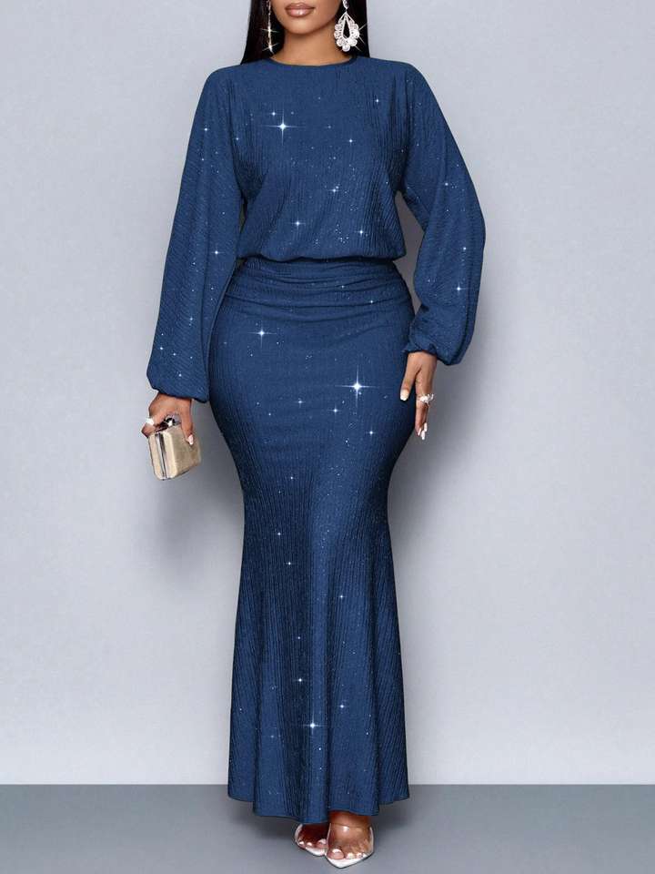 Glitter Long Sleeve Round Neck Mermaid Skirt Two Piece Set Women Elegant Banquet Evening Formal Maxi Dress