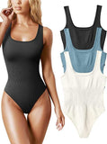 Women Ribbed Square Neck Sleeveless Bodysuit Basic Tank Top Bodycon Jumpsuit Daily Casual Ladies Seamless Shapewear Bodysuits