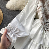 Women Lace up Waist Puff Sleeve Ruffle Layered Mini Dress