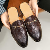 Men Backless Mule Loafers With Woven Pattern PU Leather Upper and Metal Buckle Daily Wear and Business Occasions