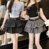 Women Belted Polka Dot Tiered Mini Skirt Grey Double Ruffle Cake Skirt High Waist Sweet Girls Summer Casual Short Skirts