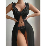 New Arrival Sexy Women's Nightgown Set - Lace Trimmed Split Design Long Sleepwear, Erotic Loungewear Two-Piece Set