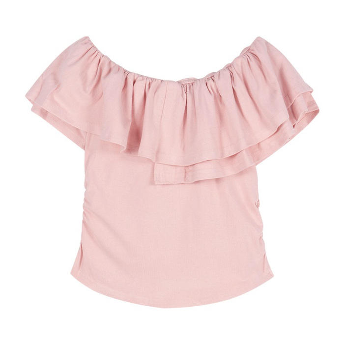 Women Off Shoulder Ruffle Trim Crop Top Solid Color Ruched Waist Slim Fit Short Blouse Casual Daily Wear T-Shirt