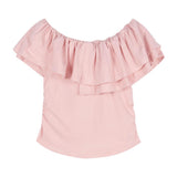 Women Off Shoulder Ruffle Trim Crop Top Solid Color Ruched Waist Slim Fit Short Blouse Casual Daily Wear T-Shirt