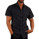 Summer Men Short Sleeve Shirt Double Chest Pockets Turn Down Collar Button up Casual Work Shirts