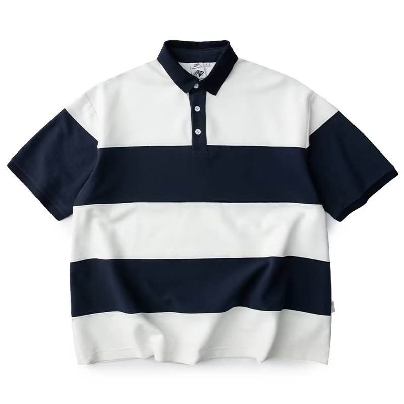 Men Striped Color Block Polo Shirt Button Collar Oversized Short Sleeve Casual Streetwear T Shirt