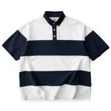 Men Striped Color Block Polo Shirt Button Collar Oversized Short Sleeve Casual Streetwear T Shirt