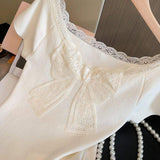Women's White Lace Bow Square Neck Knit Top Short Sleeve Slim Fit Elegant Casual Blouses