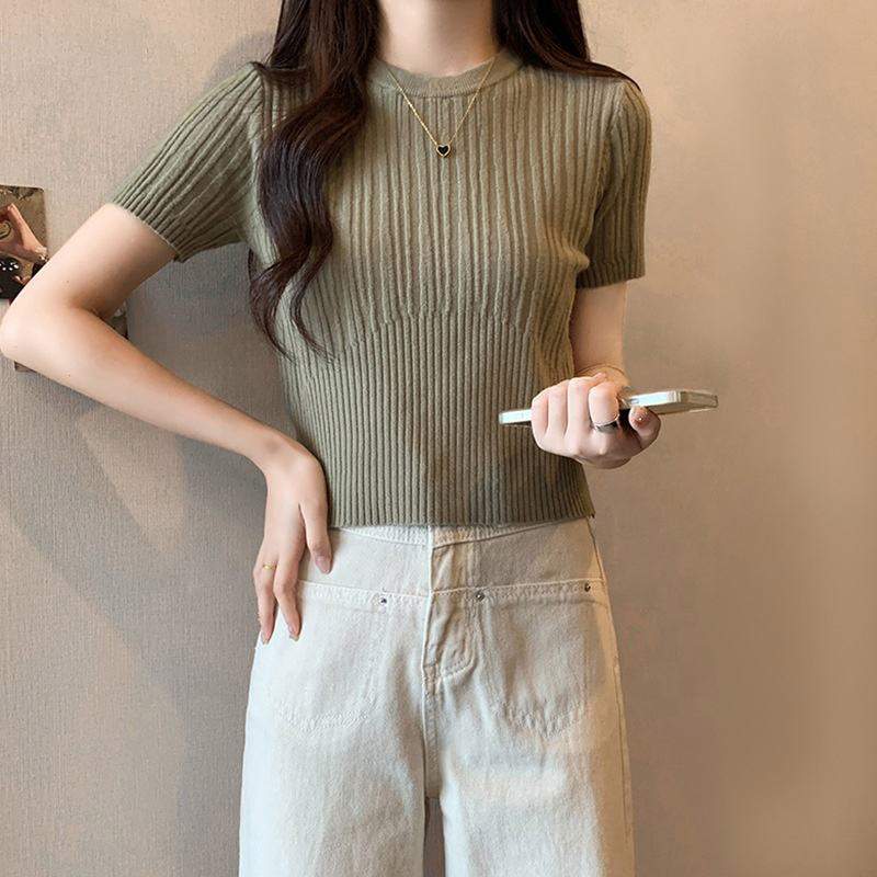 Slim-fit Short-sleeved Blouse Knitted T-shirt for Women Crewneck Short-Sleeved Tee