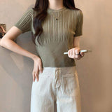 Slim-fit Short-sleeved Blouse Knitted T-shirt for Women Crewneck Short-Sleeved Tee