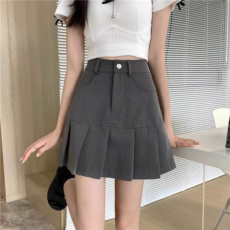 Women Pleated Mini Skirt Solid Color Pocket A-Line Short Skirt Fly Preppy School Uniform Style Casual Ladies Pleated Skirt
