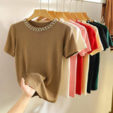 Loose-fit Short Sleeve T-shirt Ice Silk Tops for Women Classic Graphic Tee