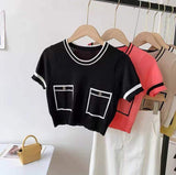 Ice Silk Women's Clothing Color Contrast Crewneck Tops for Women Knitted Short-Sleeved Tee