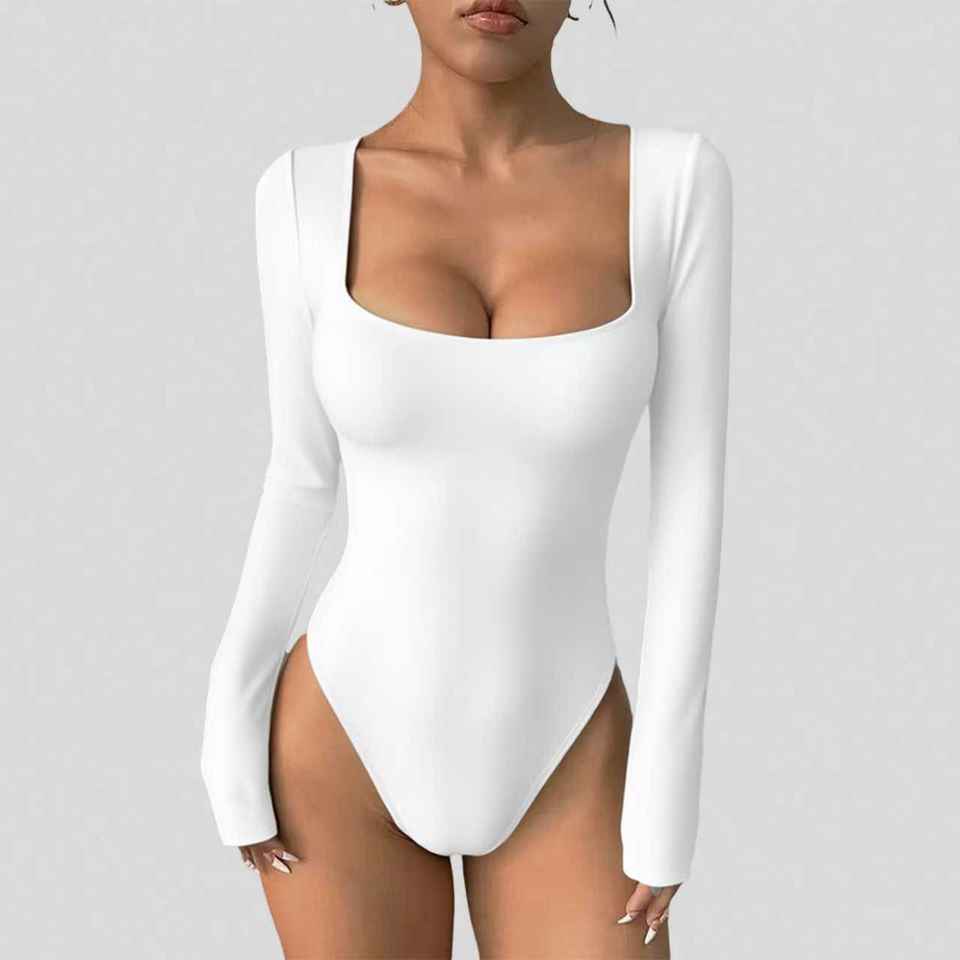 Women Solid Square Neck Long Sleeve Bodysuit Slim Fit High Cut Basic Bodycon Jumpsuit Ladies Daily Layering Top