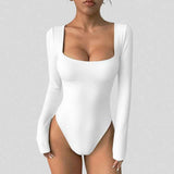 Women Solid Square Neck Long Sleeve Bodysuit Slim Fit High Cut Basic Bodycon Jumpsuit Ladies Daily Layering Top
