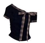 Sweet Style Patchwork Striped Tie Bow Design Short Sleeve T-shirt for Women - Summer Elegant Slim Fit Top