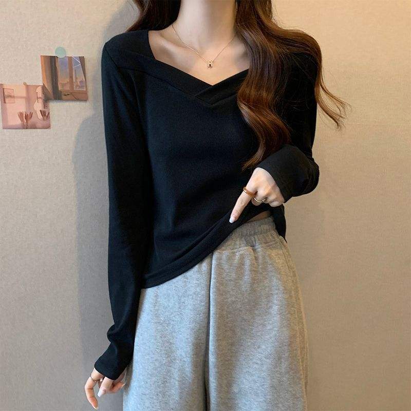 Solid Long Sleeve Base Shirt Slim-fit Long-sleeved Top V-neck Classic Long Sleeve T-shirt