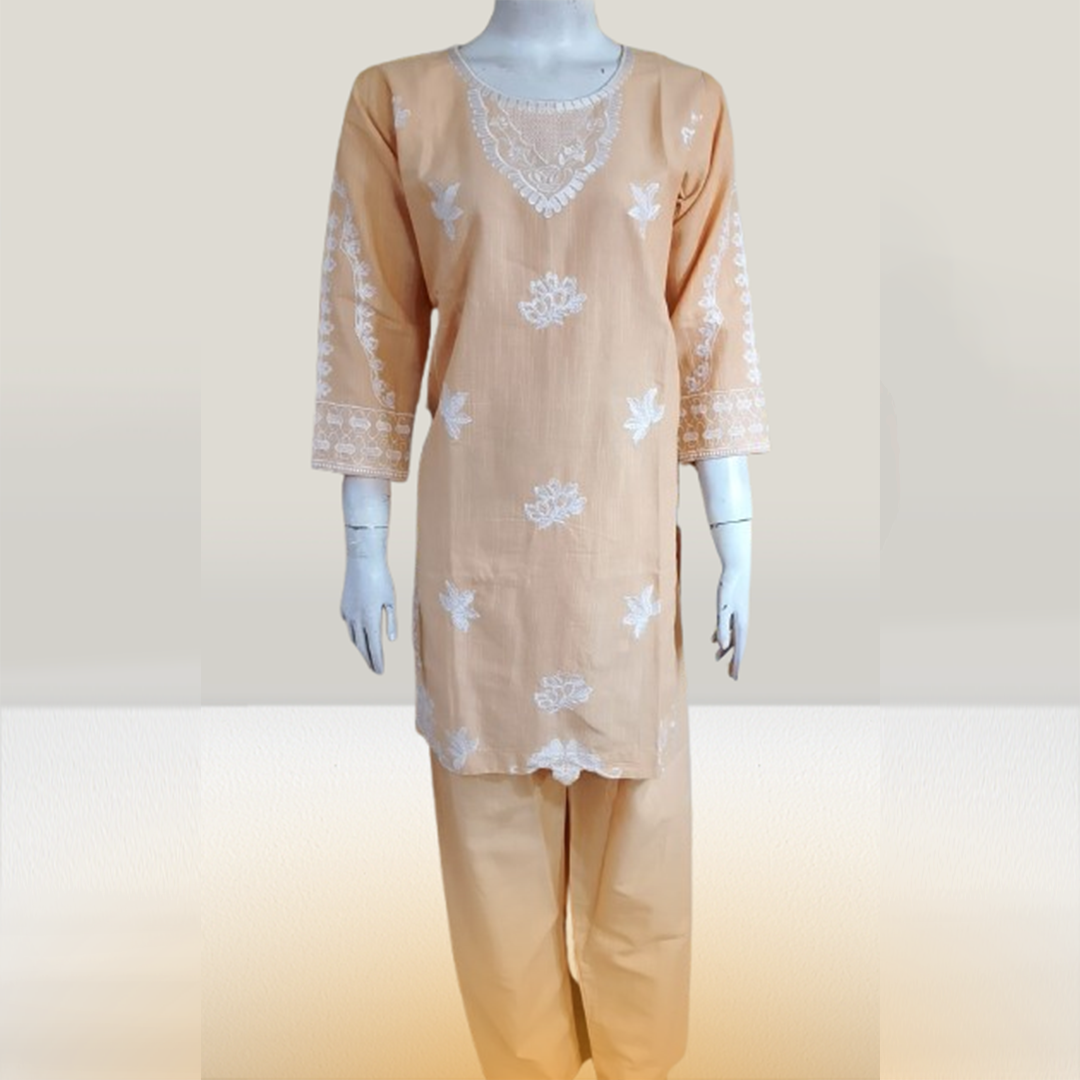 Soft Peach with White Embroidered 2Pc Kurta Set
