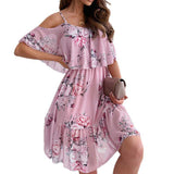 Vintage Flower Print Cold Shoulder Flowy Dress Women Spaghetti Strap Ruffle Tiered Mini Sundress Summer Daily Casual Dress