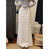 Women Floral Bow Print Ruffled Maxi Skirt Elastic High Waist Tiered Pleated Long Mermaid Skirt Casual Daily Wear Bottoms