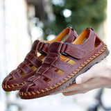 Premium Handcrafted Men's Roman Style Leather Sandals Adjustable Hook & Loop Flat Leather Sandals