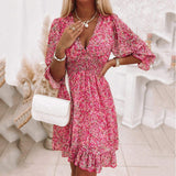 Women Summer Floral Print Mini Dress V Neck Puff Short Sleeve Smocked Waist Ruffle Hem Casual Short Dress 4 Colors Available