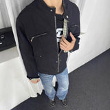 Men Vintage Plaid Lining Collar Workwear Jacket Zip up Pocket Casual Short Coat Streetwear Cargo Outerwear