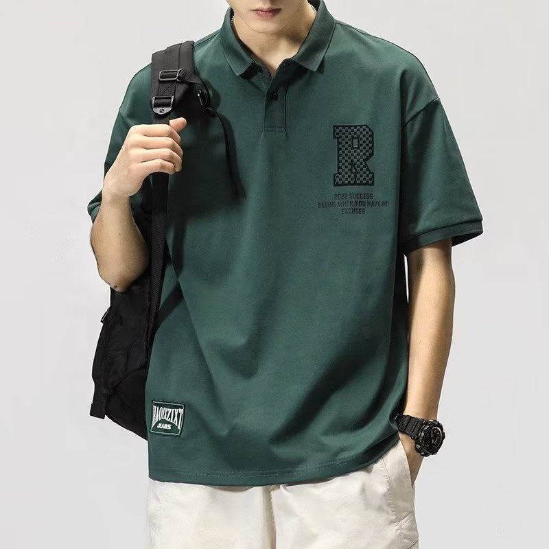 Men Letter Print Oversized Polo Shirt Green Short Sleeve Casual Daily Wear Top