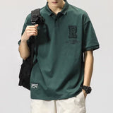 Men Letter Print Oversized Polo Shirt Green Short Sleeve Casual Daily Wear Top