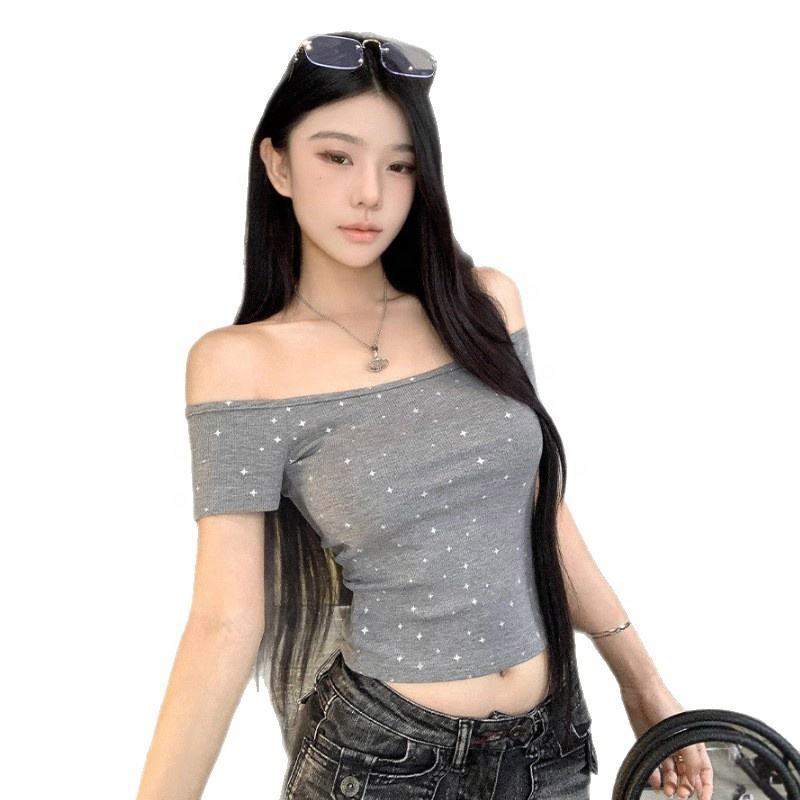 High Quality Summer One-shoulder Shiny Dots T-shirt Ribbed High-elastic Fabric Soft and Comfortable Short Sleeve T Shirt