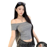 High Quality Summer One-shoulder Shiny Dots T-shirt Ribbed High-elastic Fabric Soft and Comfortable Short Sleeve T Shirt
