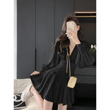 New Yellow V Neck Long Sleeve Mini Dress Waist Ruched Pleated A-Line Casual Dress for Women