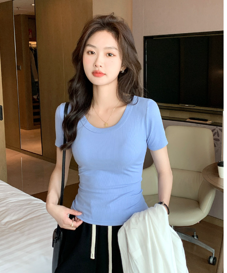 Women Wide U Neck Vertical Ribbed Knit Crop Short Sleeve T Shirt Slim Fit Solid Color Stretch Versatile Basic Daily Tee Tops