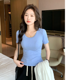 Women Wide U Neck Vertical Ribbed Knit Crop Short Sleeve T Shirt Slim Fit Solid Color Stretch Versatile Basic Daily Tee Tops