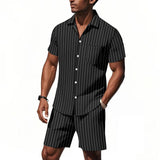 Men's Linen Striped Two Piece Set - Short Sleeve Button Down Shirt & Shorts Casual Summer Outfit