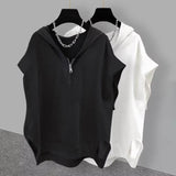 Men Half Zip Hooded Sweatshirt Vest Loose Casual Streetwear Solid Color Zipper Hoodie Tee