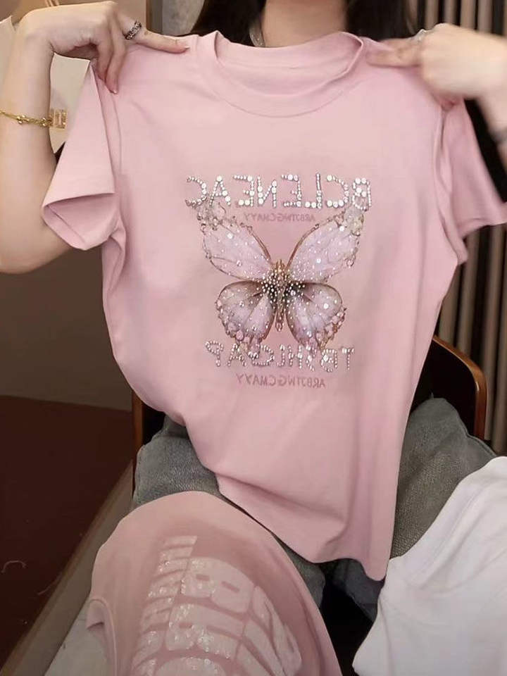 2026 Summer Women Designer Butterfly Rhinestone Short Sleeve T-Shirt, Versatile Shoulder-Fitted Slim Top