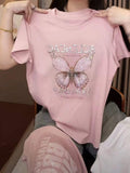 2026 Summer Women Designer Butterfly Rhinestone Short Sleeve T-Shirt, Versatile Shoulder-Fitted Slim Top