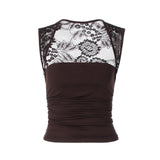 Square Neck Lace Strap Ribbed Tank Top Women Burgundy Slim Bodycon Cropped Camisole