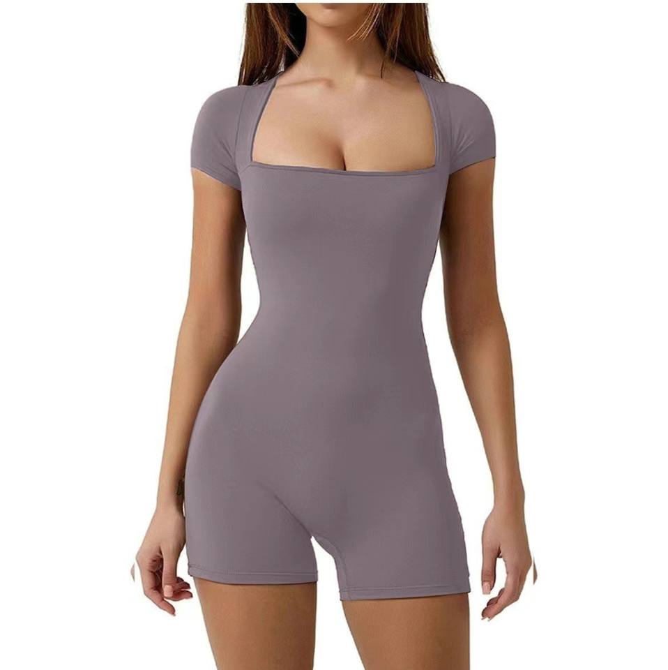Women Square Neck Short Sleeve Bodysuit Romper Slim Bodycon Bike Short Jumpsuit Daily Casual Ladies Workout Shapewear