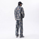 2026 Vintage Breathable Casual Distressed Washed Men's 2-piece Set Embroidered Solid Jacket and Straight Pants Men's Sets